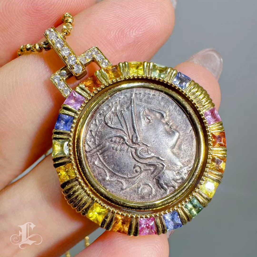 Women's 【Crown Radiance】Ancient Roman Silver Coin Rotating Pendant with Rainbow Sapphire For Sale