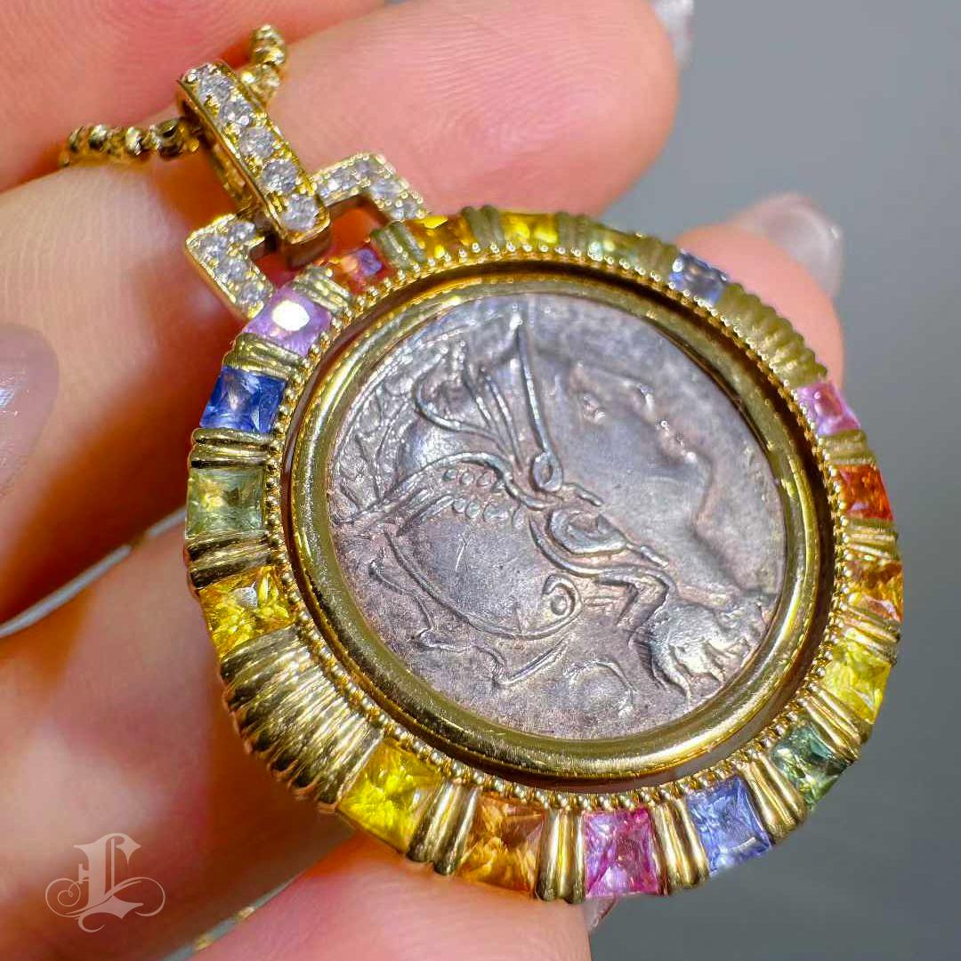 【Crown Radiance】Ancient Roman Silver Coin Rotating Pendant with Rainbow Sapphire For Sale 2
