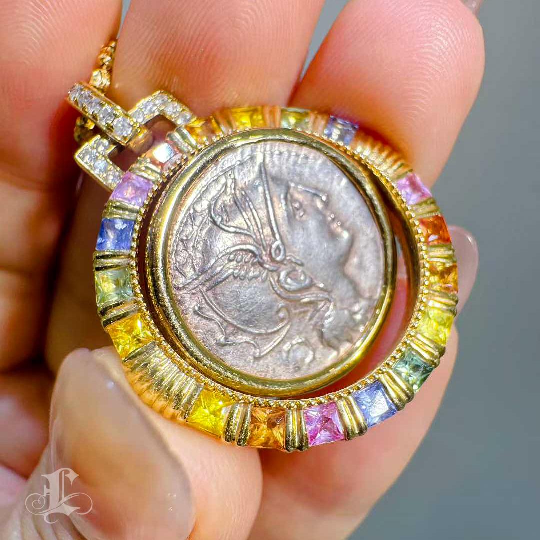 【Crown Radiance】Ancient Roman Silver Coin Rotating Pendant with Rainbow Sapphire For Sale 3