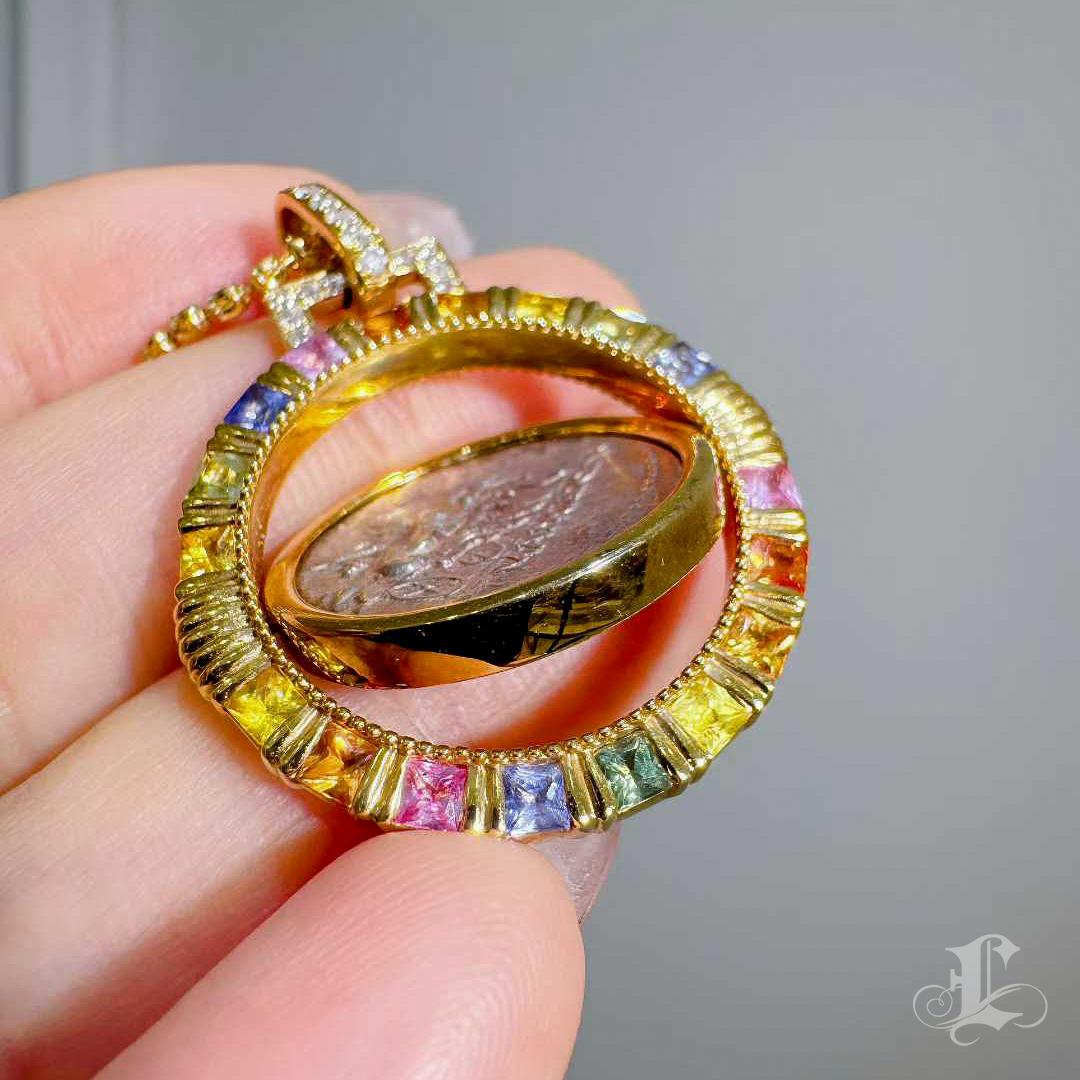 【Crown Radiance】Ancient Roman Silver Coin Rotating Pendant with Rainbow Sapphire For Sale 4