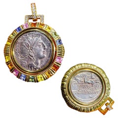 【Crown Radiance】Ancient Roman Silver Coin Rotating Pendant with Rainbow Sapphire