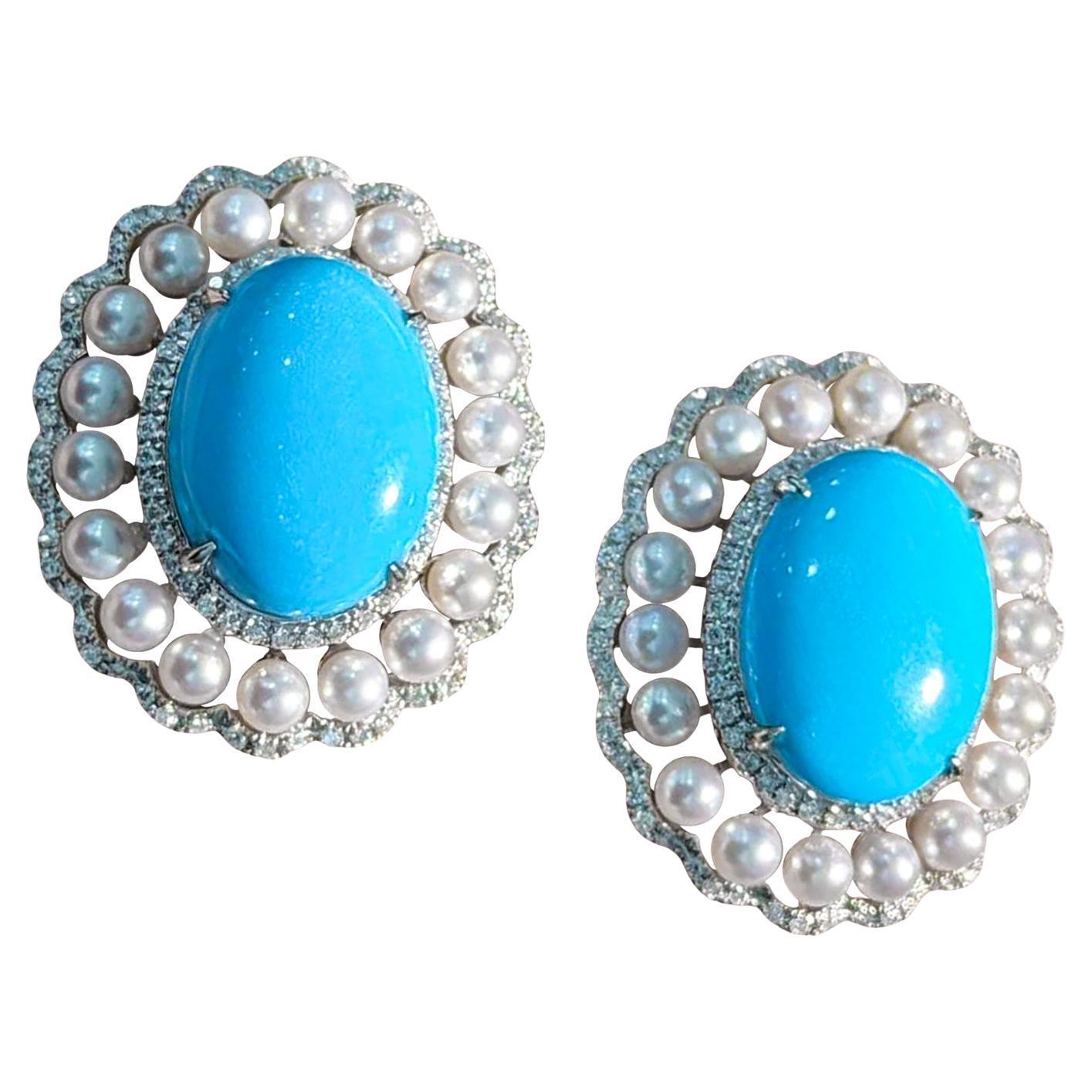 【Crown Radiance】Arizona Turquoise Diamond and Pearl Halo Earrings
