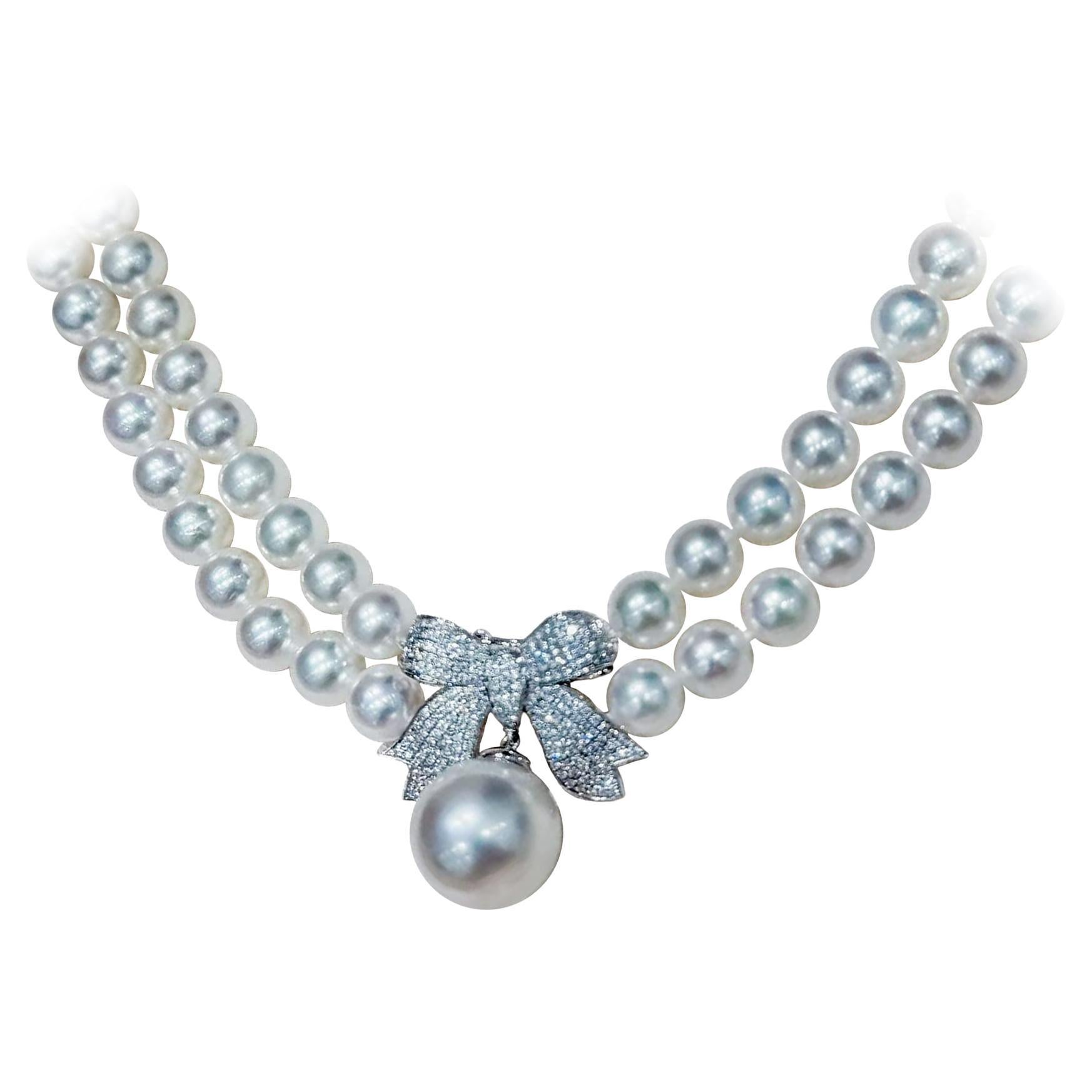 Corona Radiosa】 Collana a doppio filo di perle Akoya Aurora con chiusura a fiocco con diamanti in vendita