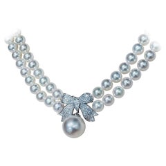 【Crown Radiance】Aurora Akoya Pearl Double-Strand Necklace with Diamond Bow Clasp