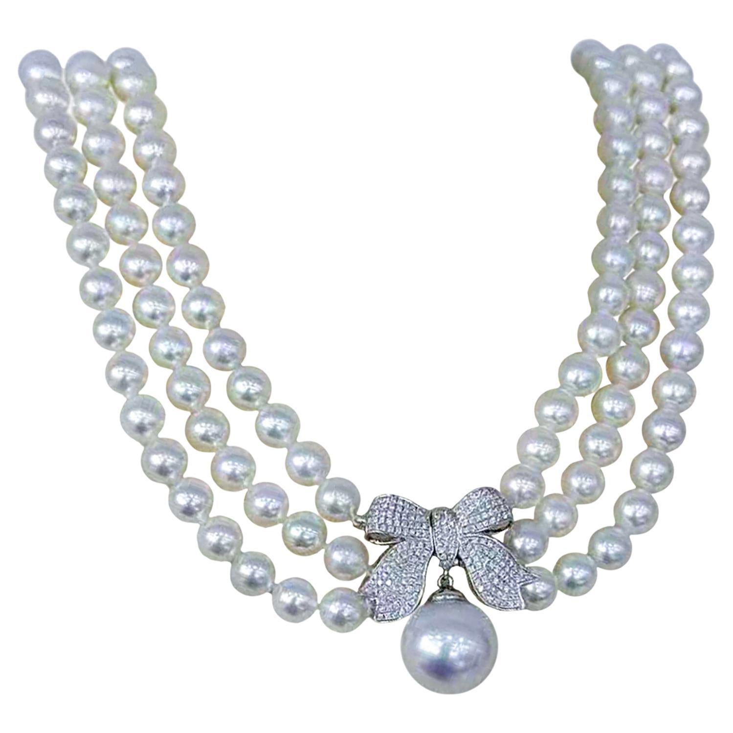 【Crown Radiance】Aurora Akoya Pearl Triple-Strand Necklace with Diamond Bow Clasp