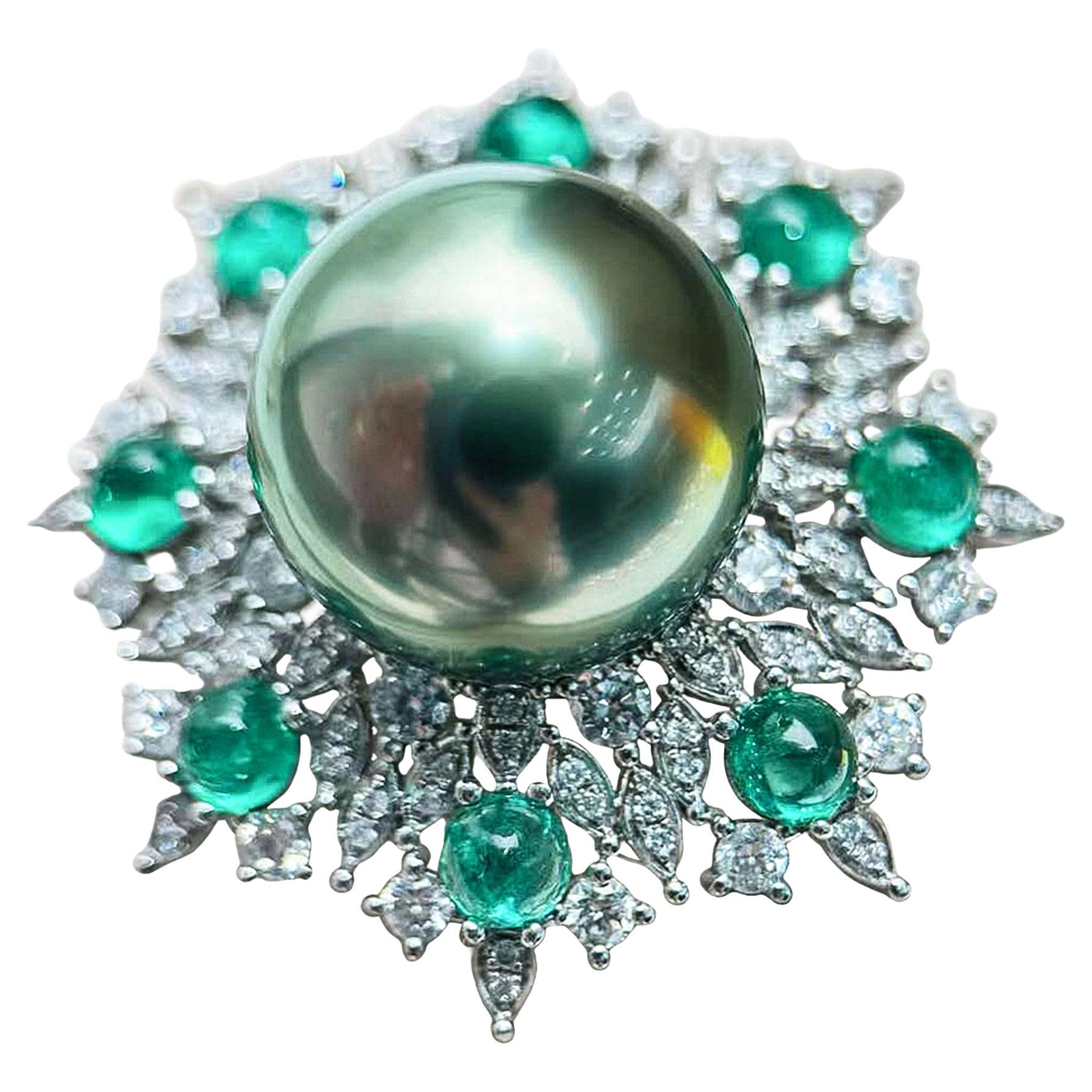 【Crown Radiance】Aurora Bloom Emeraude Perle de Tahiti Diamant en vente