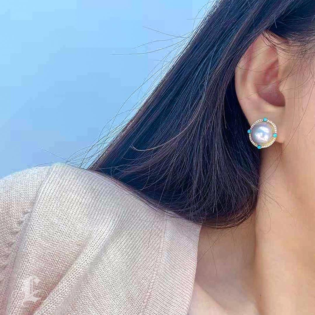 【Crown Radiance】Aurora Bloom Mabe Pearl, Diamond, and Turquoise Earrings Sin cortar en venta
