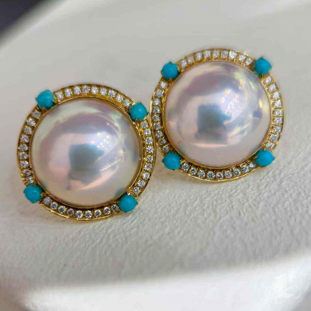 De las mujeres 【Crown Radiance】Aurora Bloom Mabe Pearl, Diamond, and Turquoise Earrings en venta
