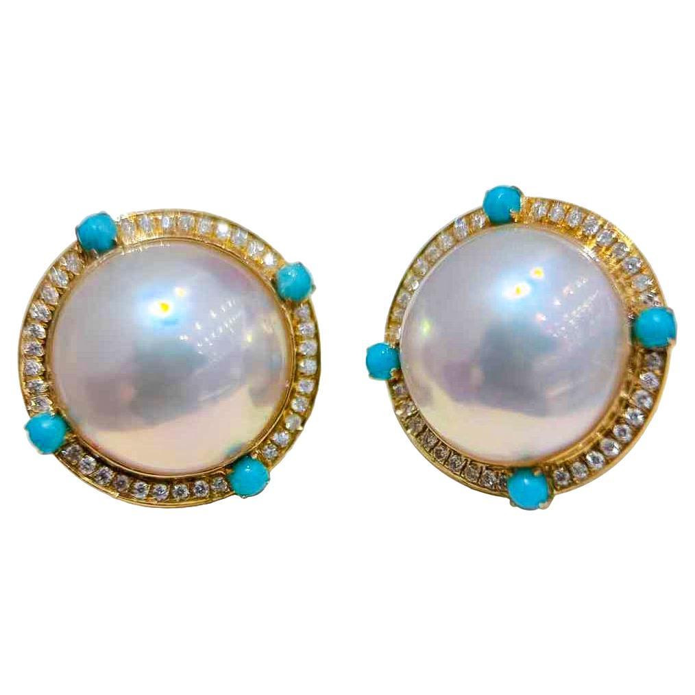 【Crown Radiance】Aurora Bloom Mabe Pearl, Diamond, and Turquoise Earrings