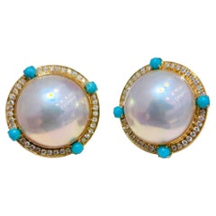 【Crown Radiance】Aurora Bloom Mabe Pearl, Diamond, and Turquoise Earrings