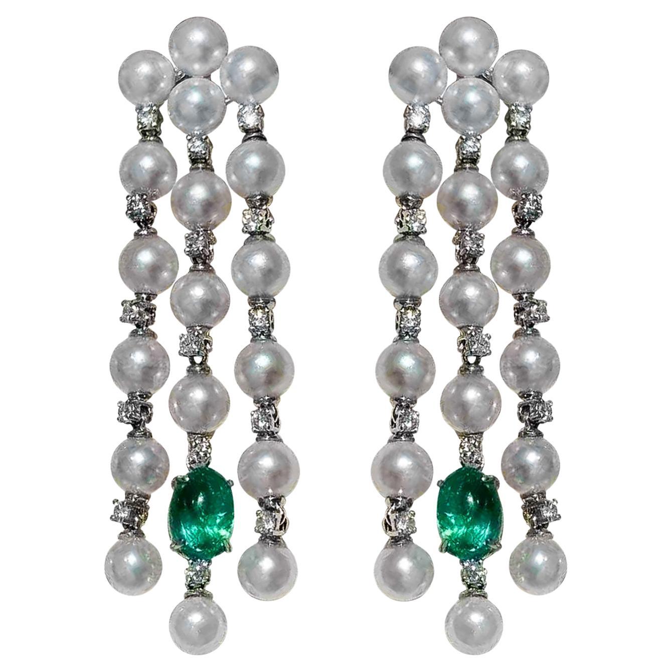 【Crown Radiance】Aurora Cascade Baby Akoya, Emeraude et Diamant Pendants d
oreilles