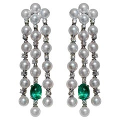 【Crown Radiance】Aurora Cascade Baby Akoya, Emeraude et Diamant Pendants d
oreilles