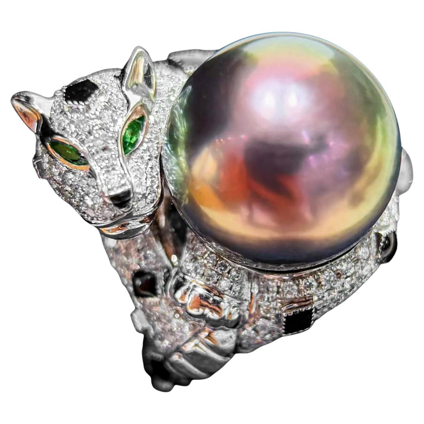 【Crown Radiance】Aurora Midnight Panther Aurora Tahitian Pearl 
Diamond Ring For Sale