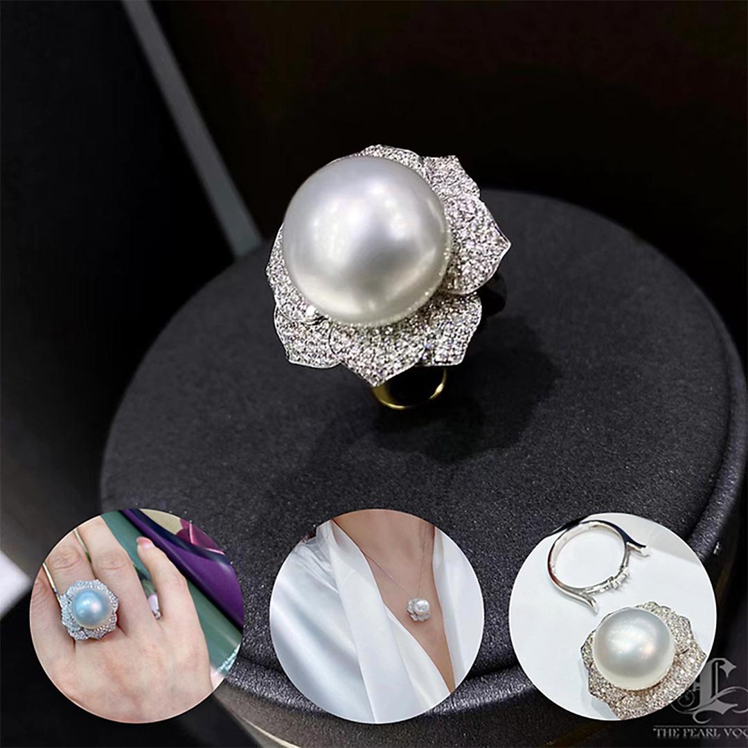 Uncut 【Crown Radiance】Aurora South Sea Pearl Convertible Flower Ring Pendant For Sale