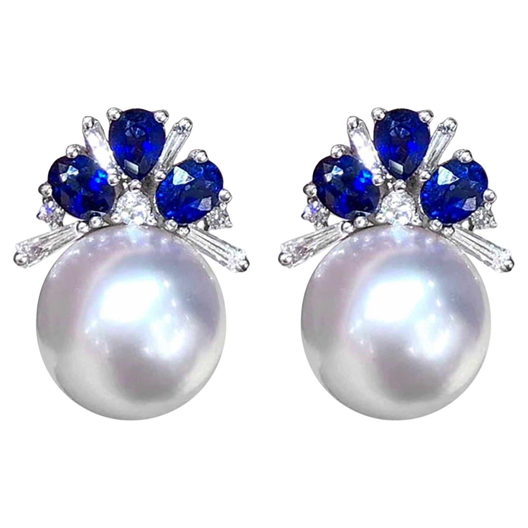 【Crown Radiance】Aurora South Sea Pearl, Sapphire, and Diamond Earrings