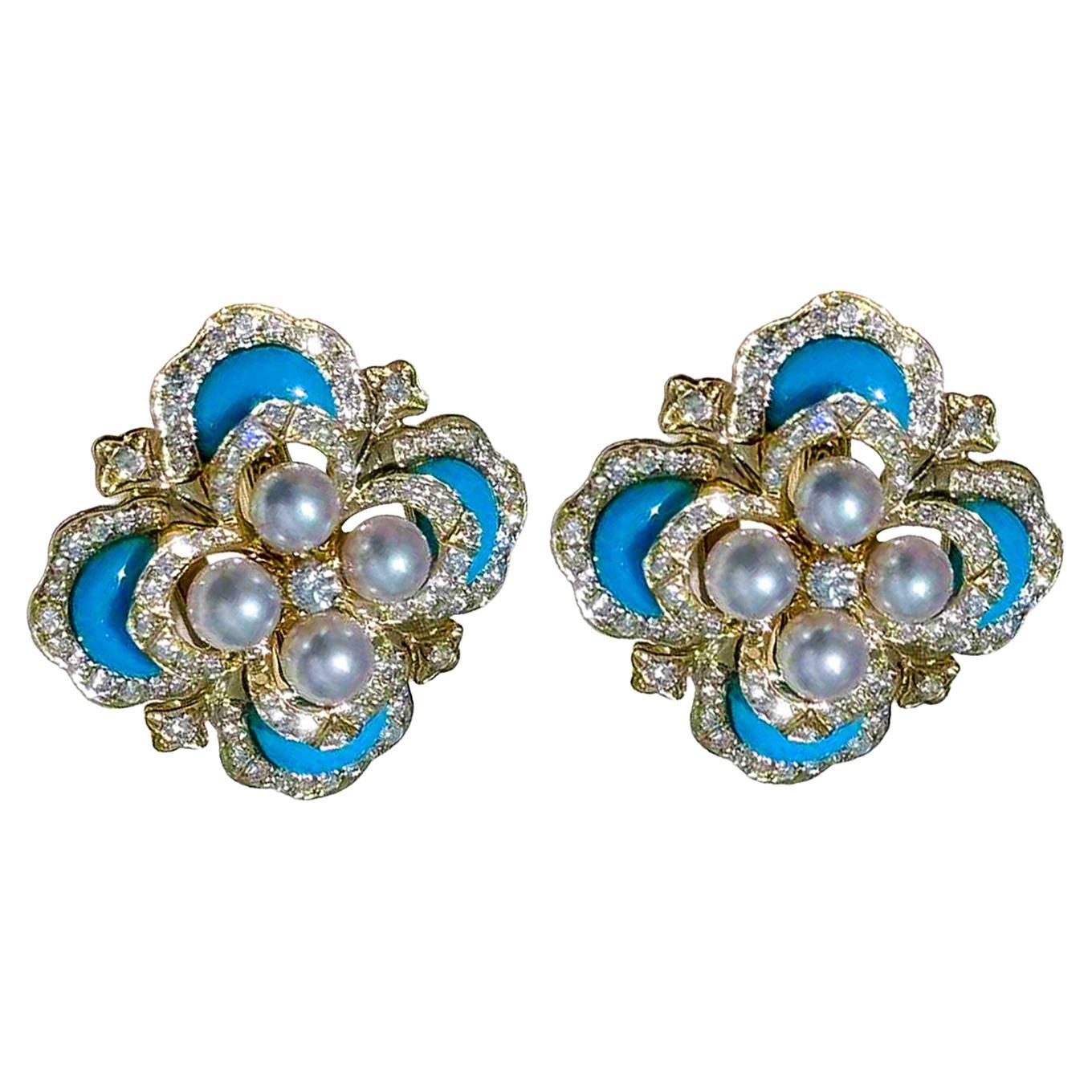 【Caelmare】Azure Clover - Boucles d
oreilles perles d
Akoya et turquoises avec diamants