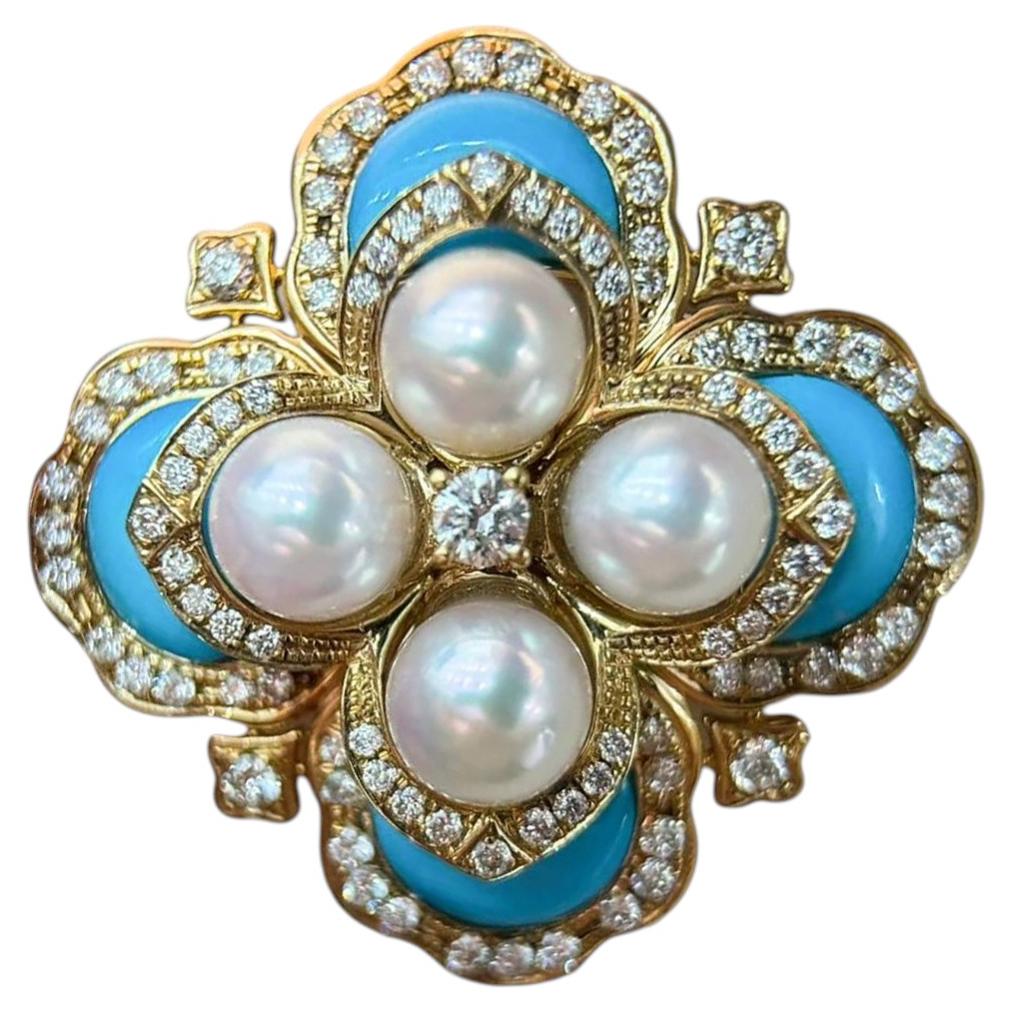 【Crown Radiance】Azure Clover Baby Akoya Pearl Turquoise Diamond Pendant