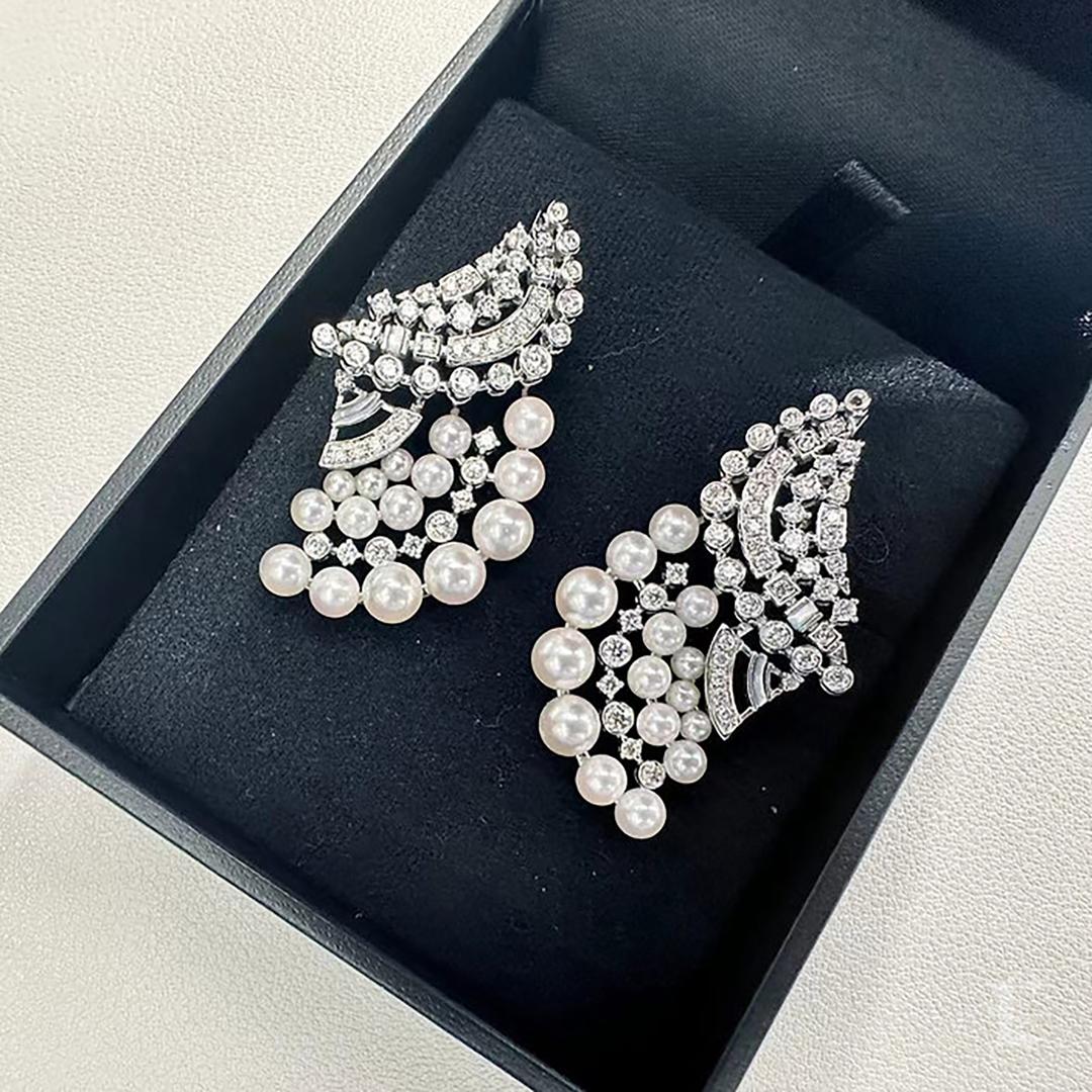Orecchini a cascata con perle Akoya e diamanti in vendita 2
