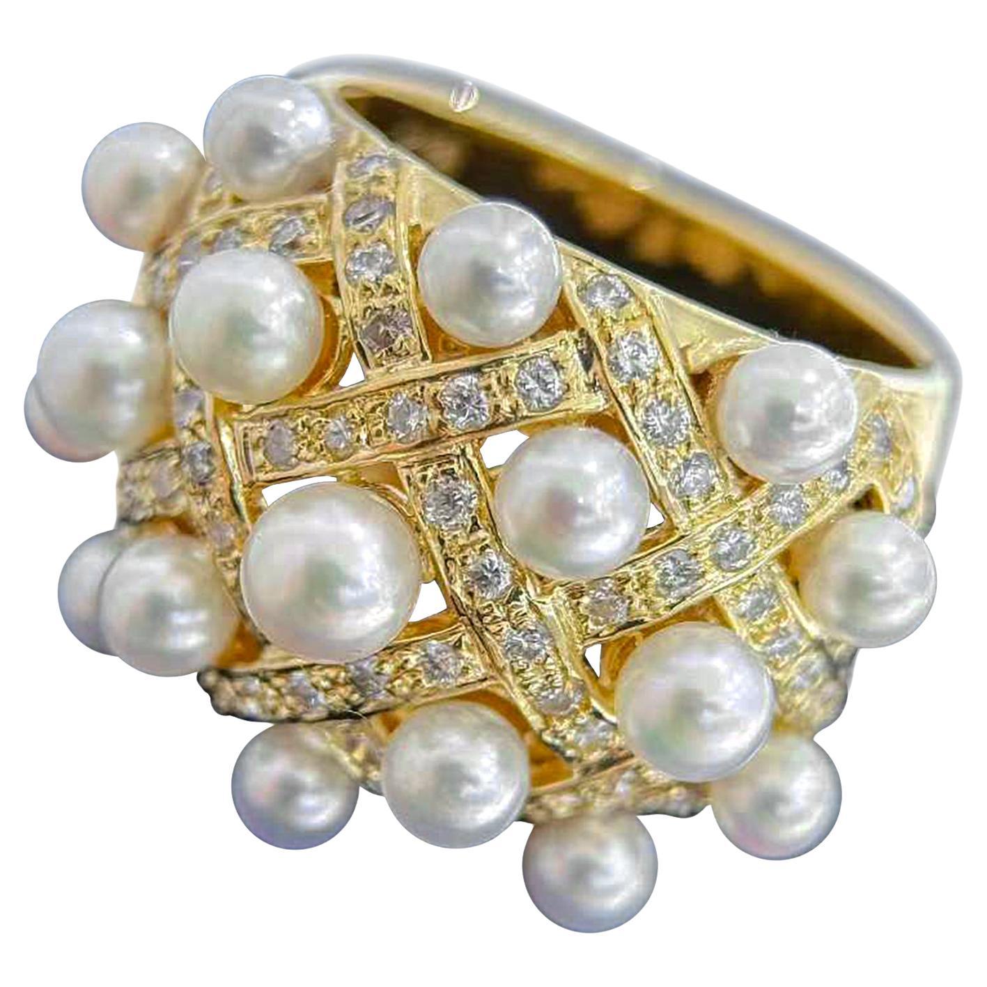 【Crown Radiance】Baby Akoya Pearl & Diamond Lattice Ring in 18k Gold For Sale