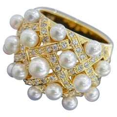 【Crown Radiance】Baby Akoya Pearl & Diamond Lattice Ring in 18k Gold