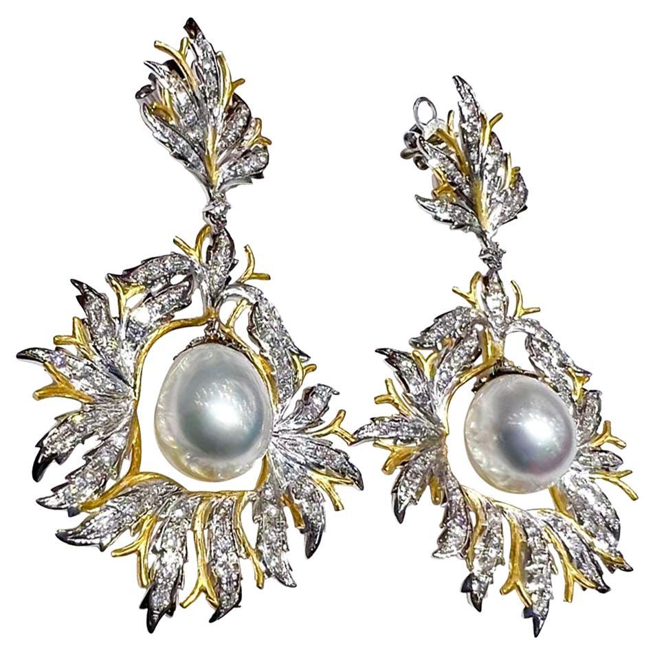 【Corona Radiante】Buccellati-Style South Sea Pearl Diamond Leaf Earrings