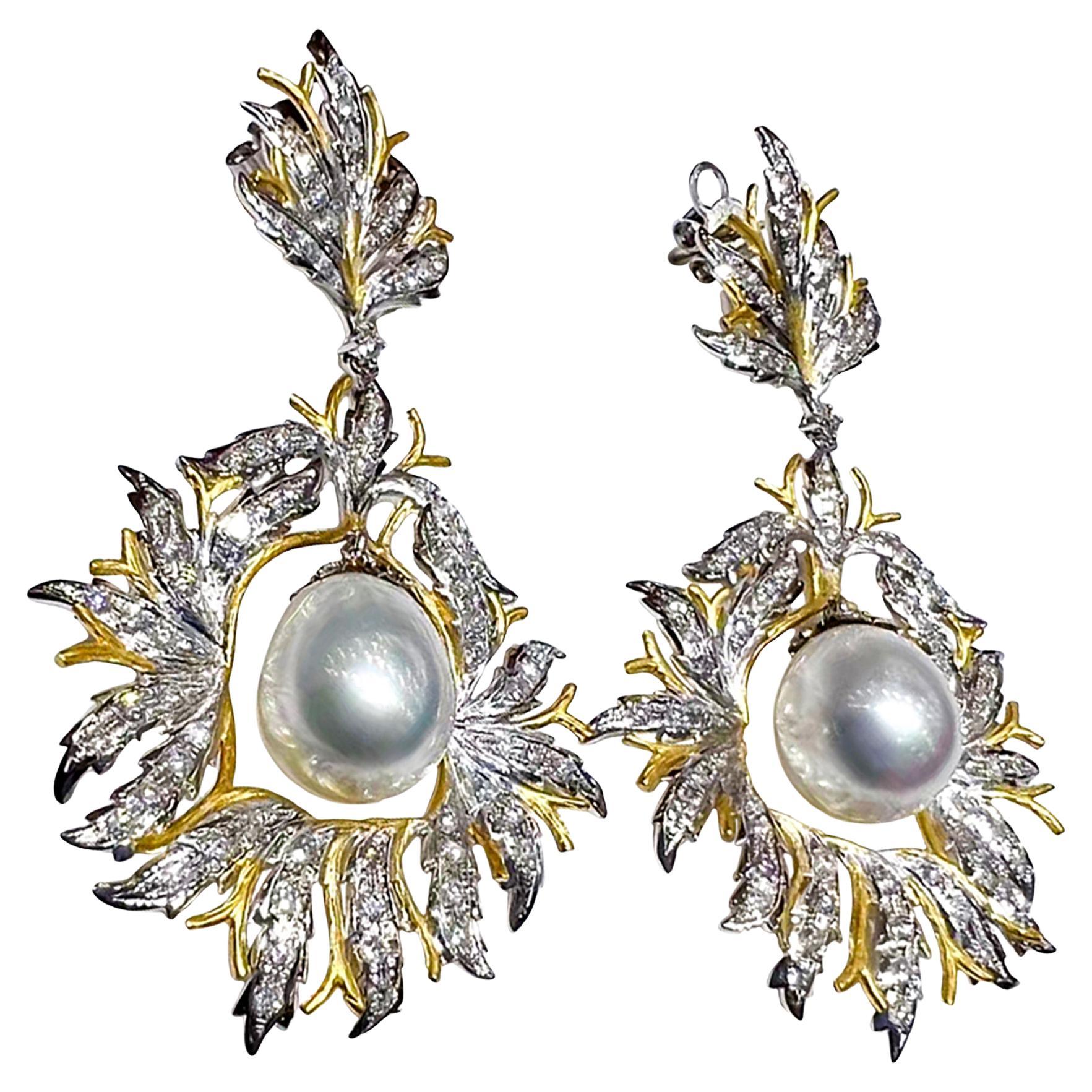 【Crown Radiance】Buccellati-Style South Sea Pearl Diamond Leaf Earrings For Sale