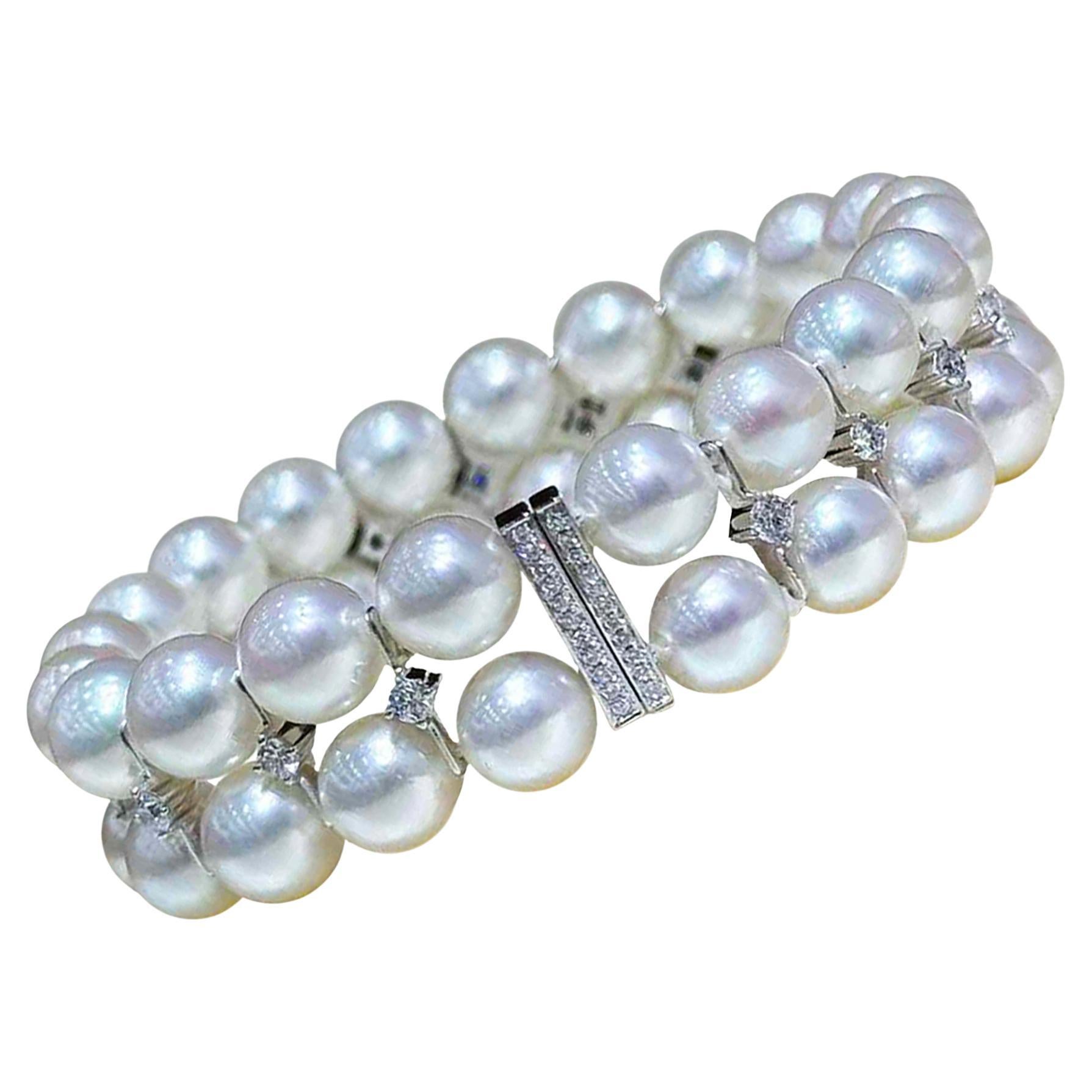 【Crown Radiance】Celeste Triple Row Akoya Pearl & Diamond Bracelet For Sale