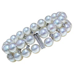 【Geometria scolpita】Bracciale con perle Akoya e diamanti a tre file Celeste
