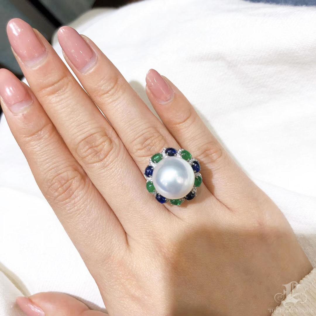 【Crown Radiance】Celestial 14–15mm South Sea Pearl Sapphire Emerald Ring Pendant For Sale 5