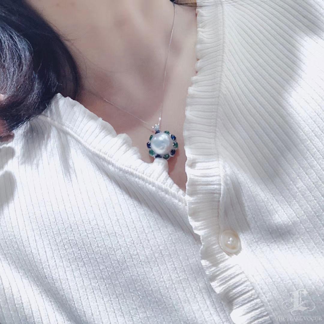 【Crown Radiance】Celestial 14–15mm South Sea Pearl Sapphire Emerald Ring Pendant For Sale 6