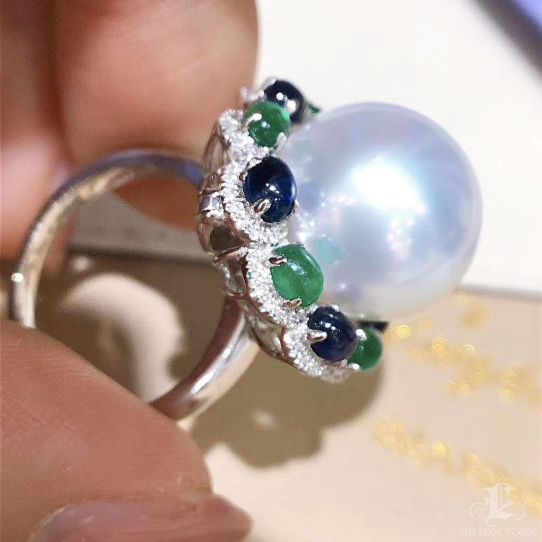 Women's 【Crown Radiance】Celestial 14–15mm South Sea Pearl Sapphire Emerald Ring Pendant For Sale