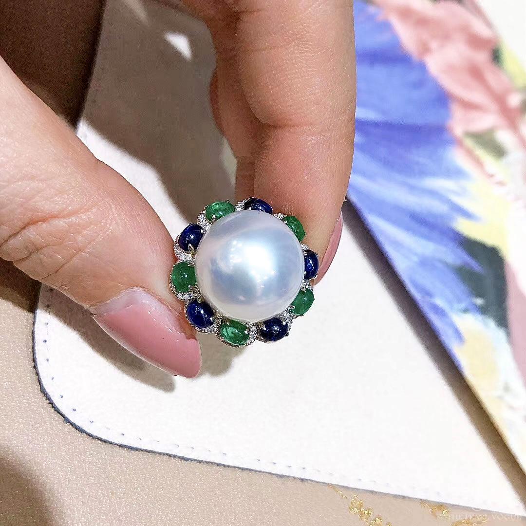 【Crown Radiance】Celestial 14–15mm South Sea Pearl Sapphire Emerald Ring Pendant For Sale 2
