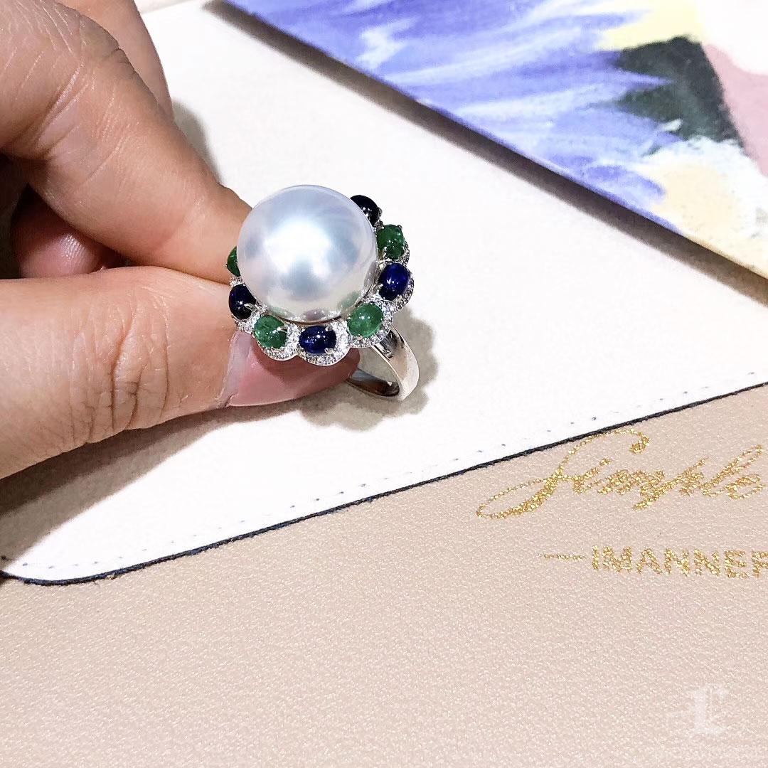 【Crown Radiance】Celestial 14–15mm South Sea Pearl Sapphire Emerald Ring Pendant For Sale 3