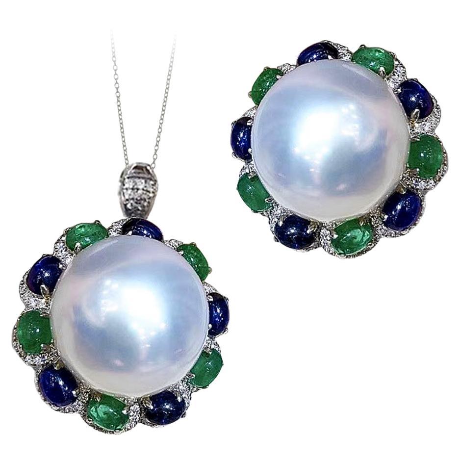【Crown Radiance】Celestial 14–15mm South Sea Pearl Sapphire Emerald Ring Pendant For Sale