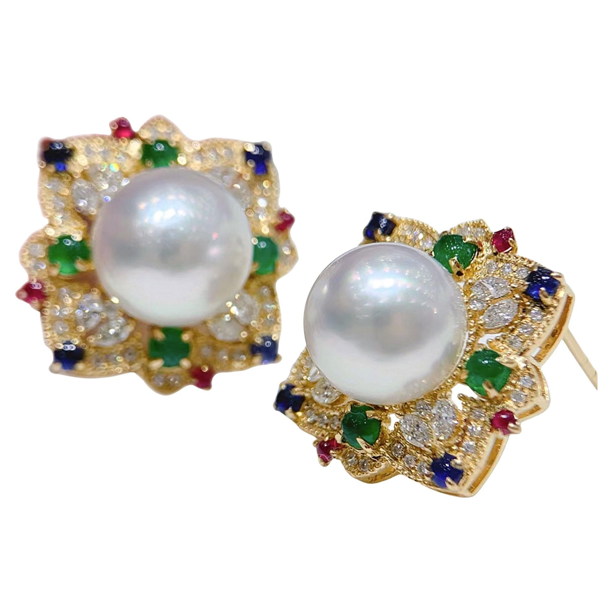 Crown Radiance】Celestial Bloom Aurora Südsee Perlen Multigem-Ohrringe