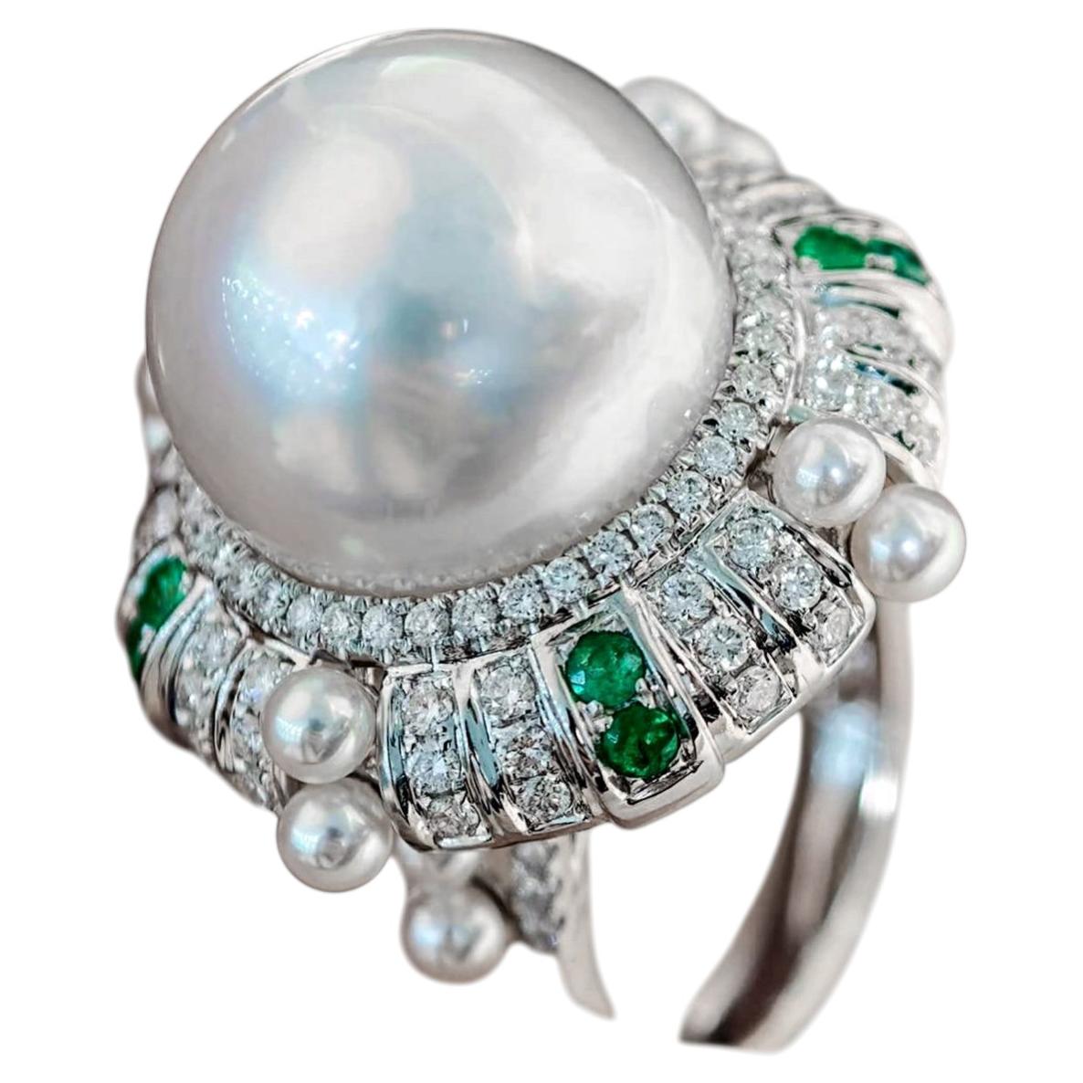 【Crown Radiance】Diamantring mit „Celestial Halo“-Design und Südseeperle
