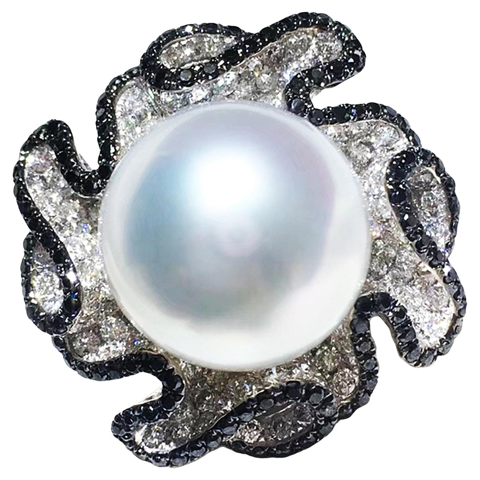 【Crown Radiance】Celestial Swirl Aurora South Sea Pearl Diamond Statement Ring For Sale