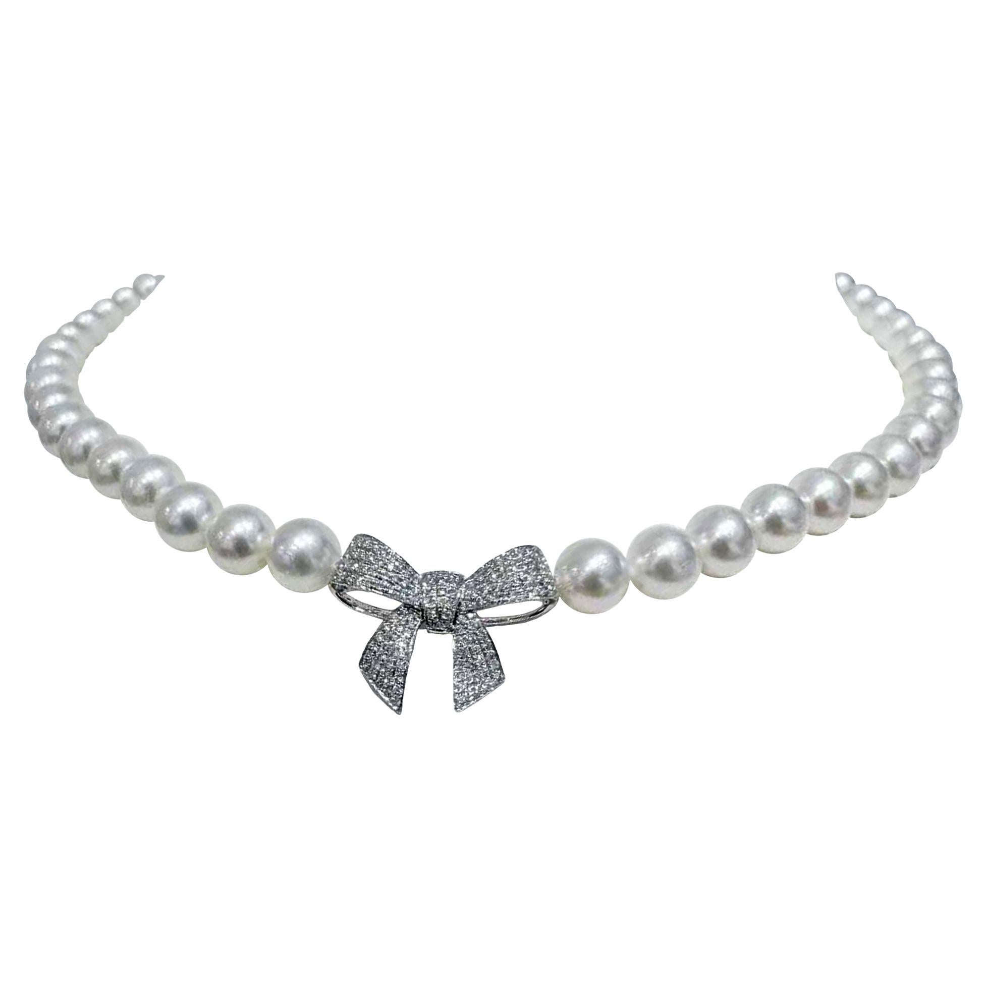 【Crown Radiance】"Chérie" Diamond Bow Aurora Pearl Necklace For Sale
