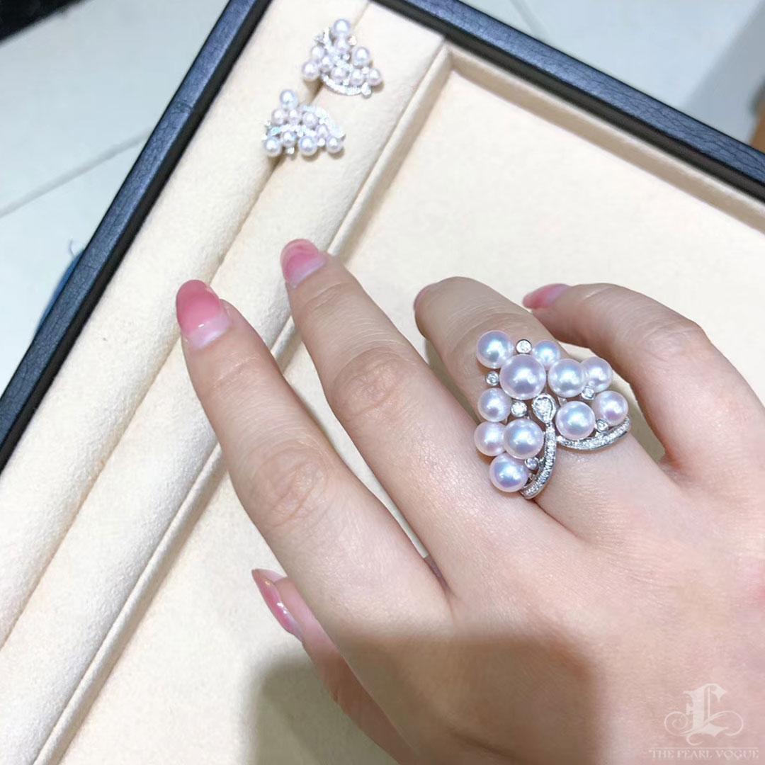 【Crown Radiance】Anillo de oro blanco de 18k con perla Akoya rosa en racimo y diamantes Sin cortar en venta