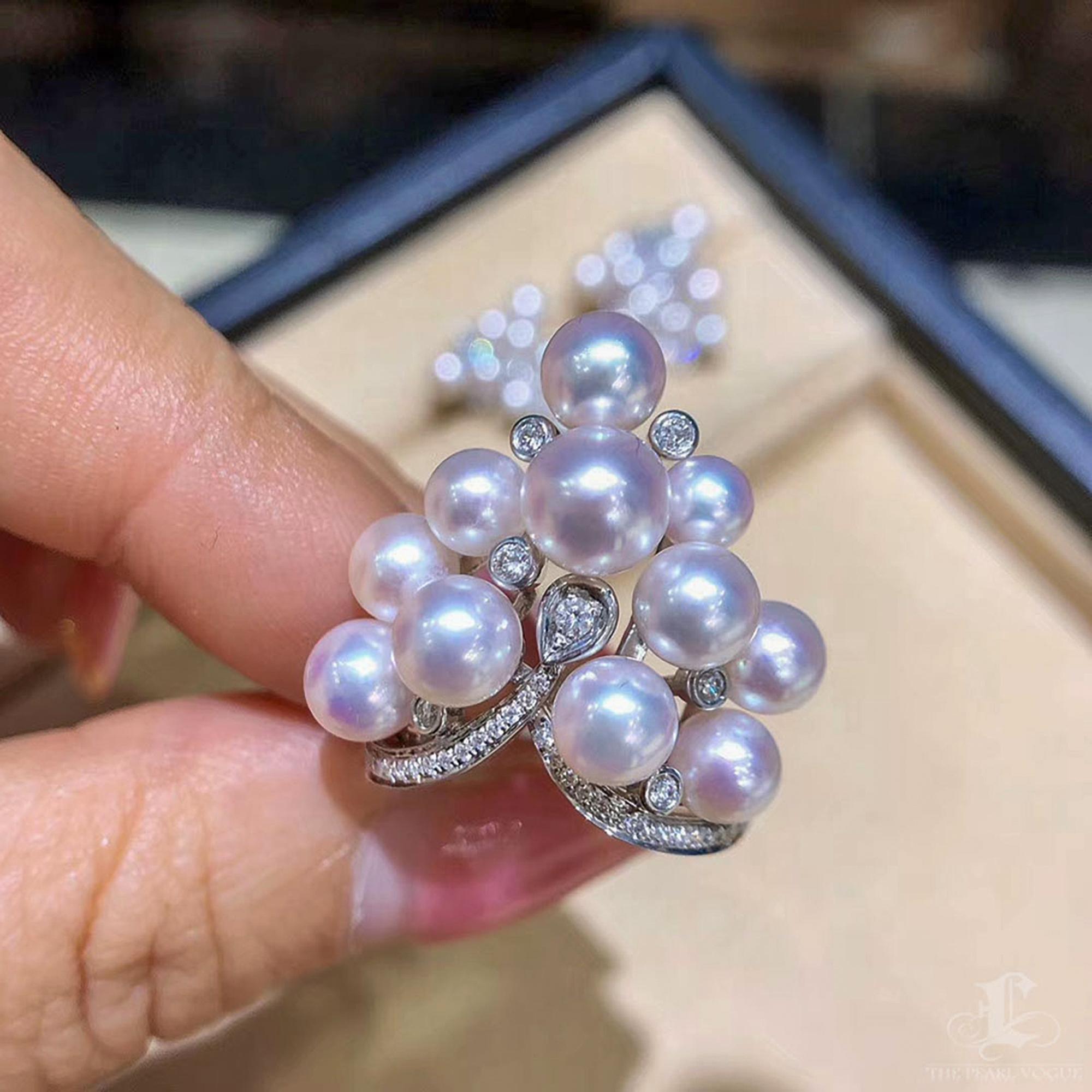 De las mujeres 【Crown Radiance】Anillo de oro blanco de 18k con perla Akoya rosa en racimo y diamantes en venta