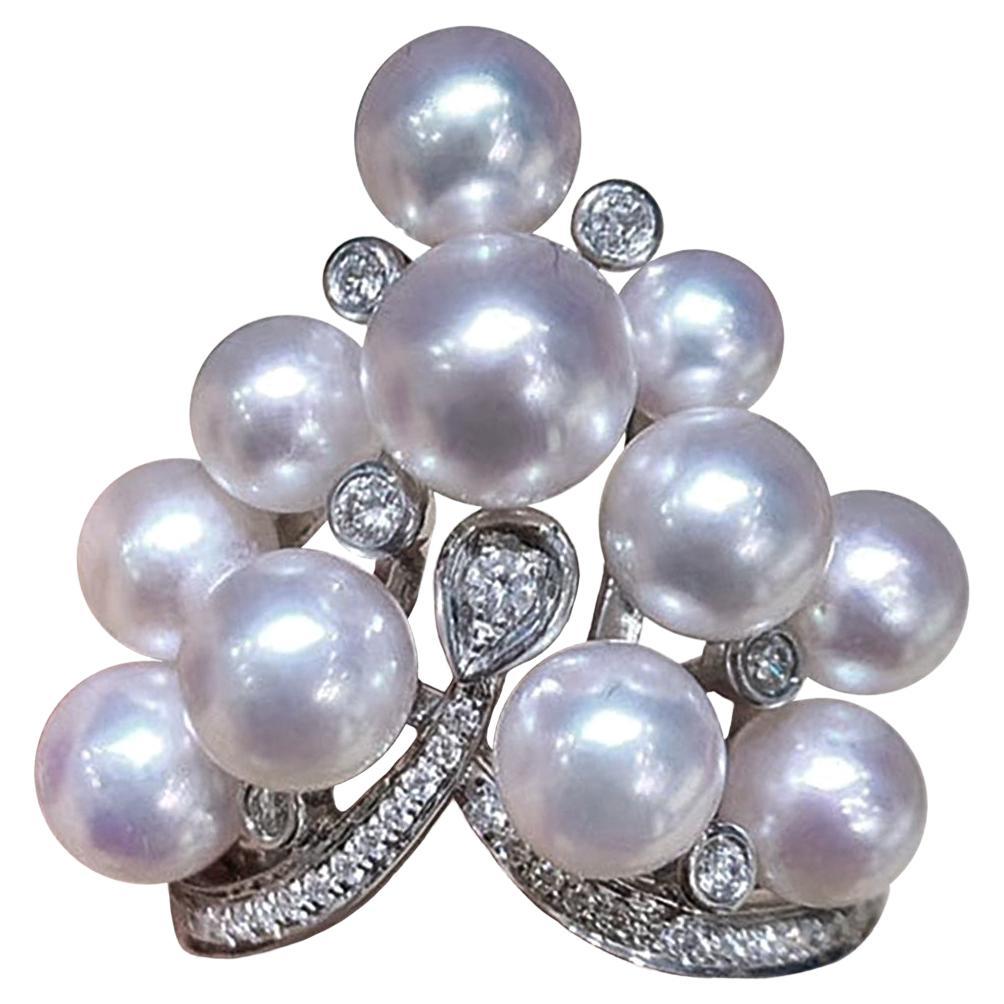 【Crown Radiance】Cluster Rose Akoya Pearl & Diamond 18k White Gold Ring