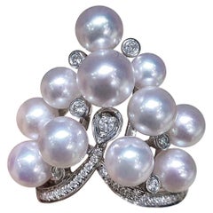 【Crown Radiance】Cluster Rose Akoya Pearl & Diamond 18k White Gold Ring