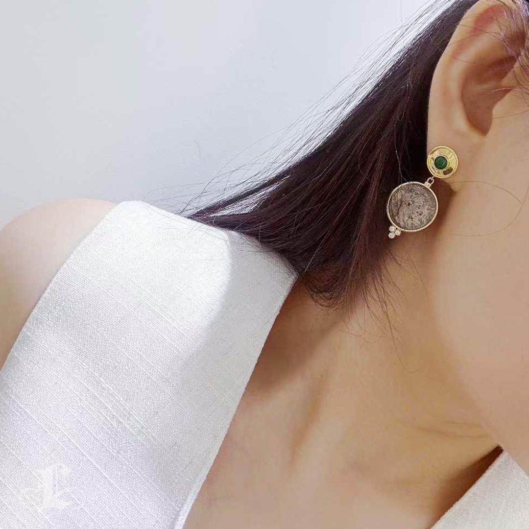 Round Cut 【Crown Radiance】Collector’s Ancient Roman Silver Coin Emerald & Diamond Earrings For Sale
