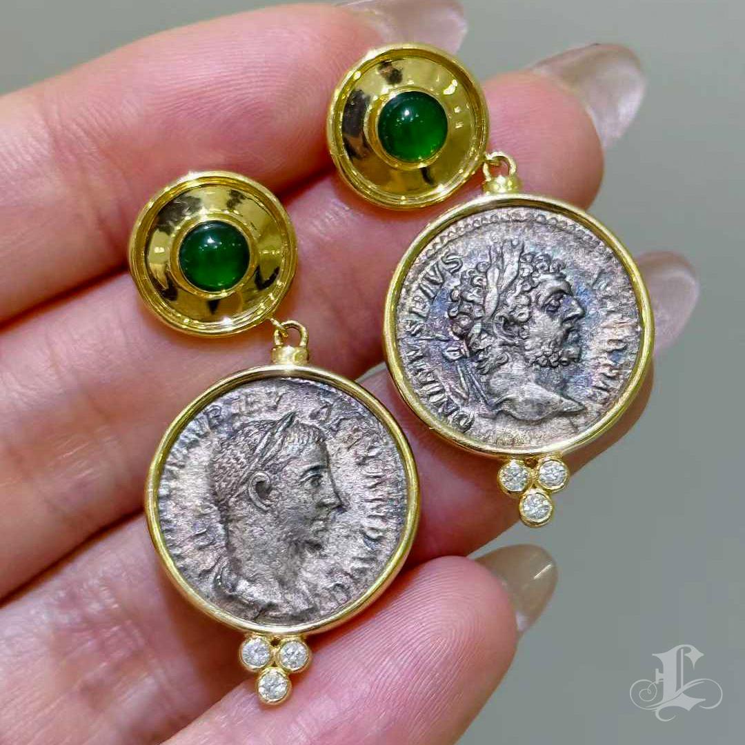【Crown Radiance】Collector’s Ancient Roman Silver Coin Emerald & Diamond Earrings In New Condition For Sale In New York, NY