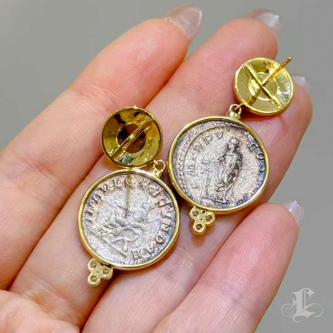 Women's 【Crown Radiance】Collector’s Ancient Roman Silver Coin Emerald & Diamond Earrings For Sale