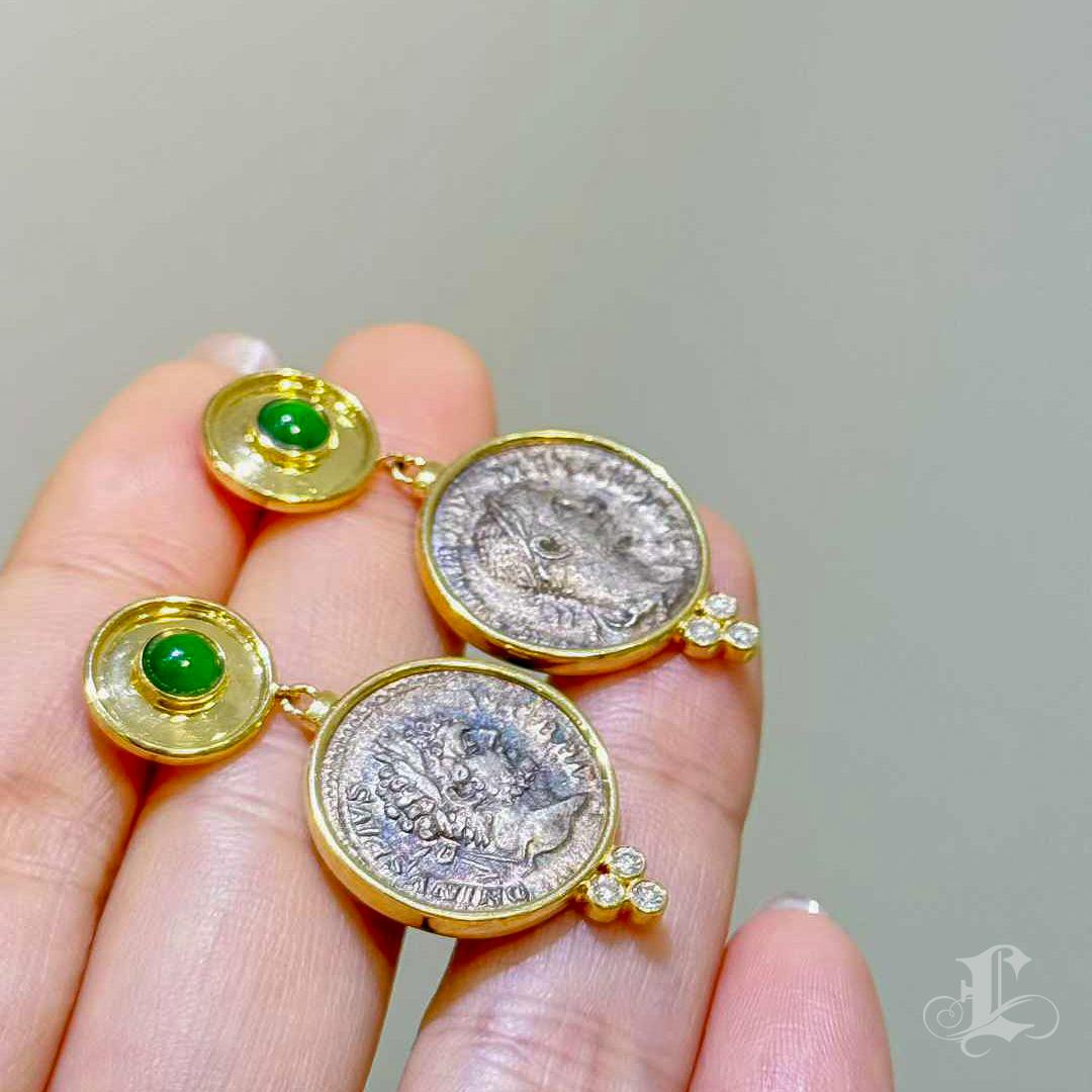 【Crown Radiance】Collector’s Ancient Roman Silver Coin Emerald & Diamond Earrings For Sale 1