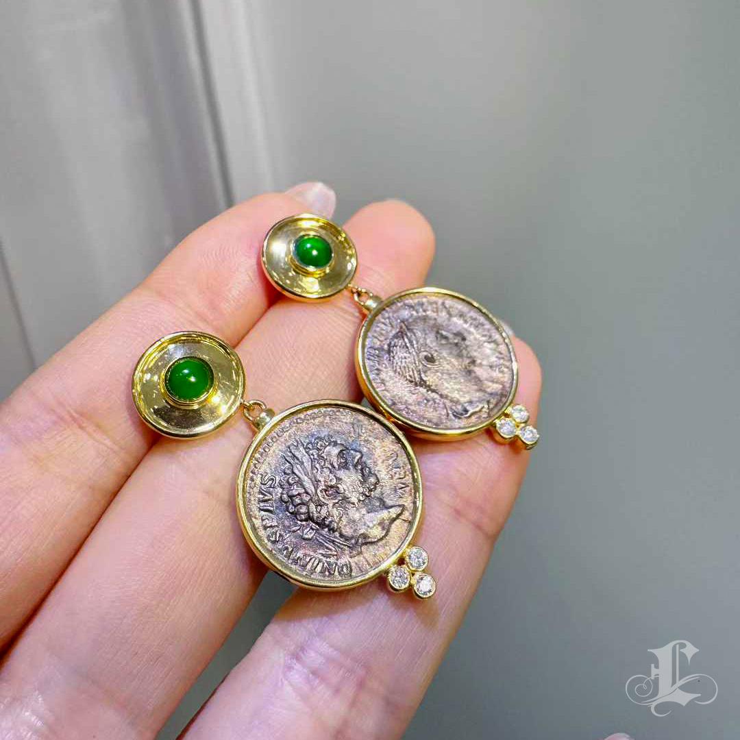 【Crown Radiance】Collector’s Ancient Roman Silver Coin Emerald & Diamond Earrings For Sale 2