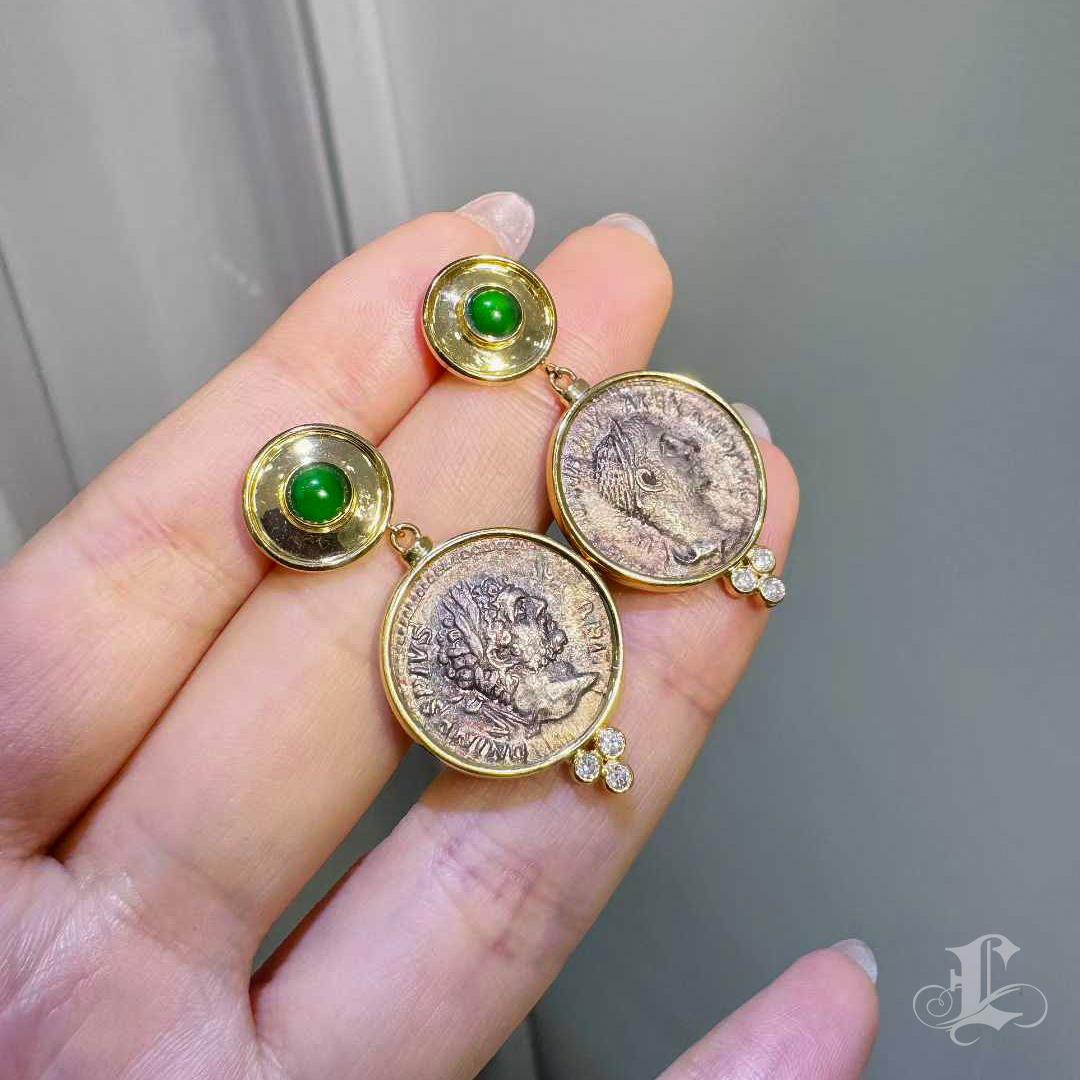【Crown Radiance】Collector’s Ancient Roman Silver Coin Emerald & Diamond Earrings For Sale 3