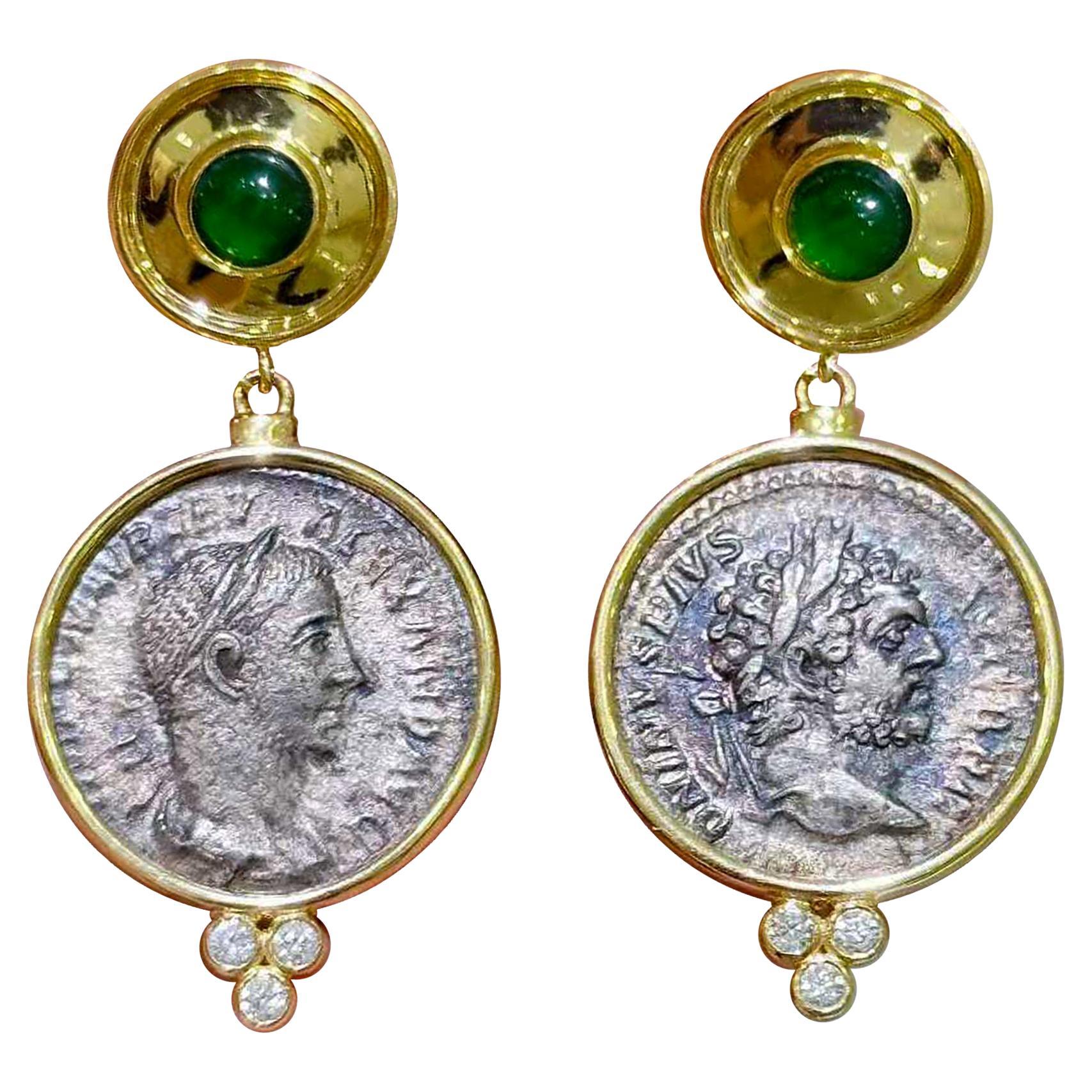 【Crown Radiance】Collector’s Ancient Roman Silver Coin Emerald & Diamond Earrings For Sale