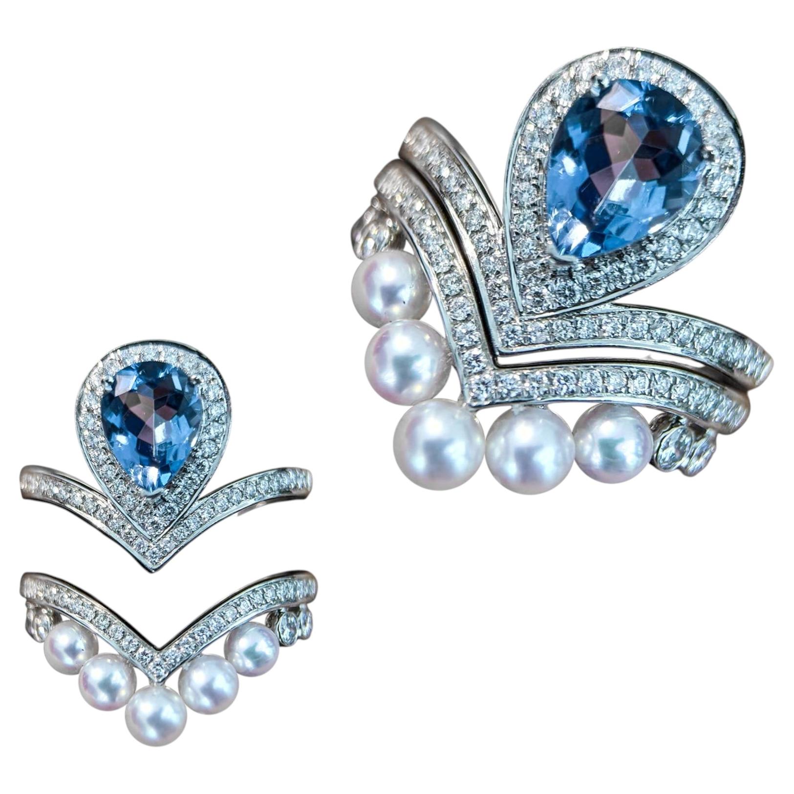 【Crown Radiance】Convertible Akoya Pearl & Santa Maria Aquamarine Ring Set en vente